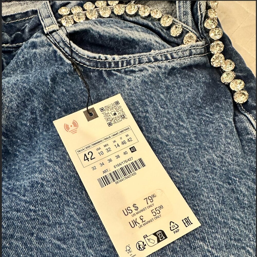 Zara Mid Waist Bejeweled Cut Straight Leg Jeans - Picture 4 of 5